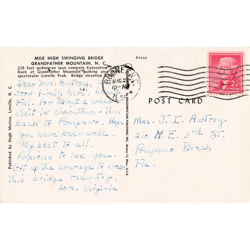 Vintage 1956 Grandfather Mountain NC Mile High Swinging Bridge Postcard VG P4444 - Picture 2 of 2